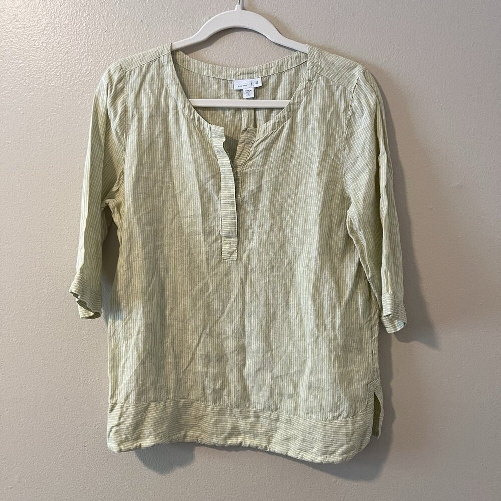 J Jill Love Linen Top Lagenlook Boho Artsy Pinstripe V Neck 3/4 Sleeve Peasant S